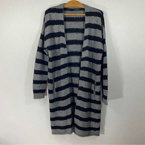 360 Cashmere Black And Gray Striped Longline Wool and Alpaca Blend Cardigan - Picture 1 of 9